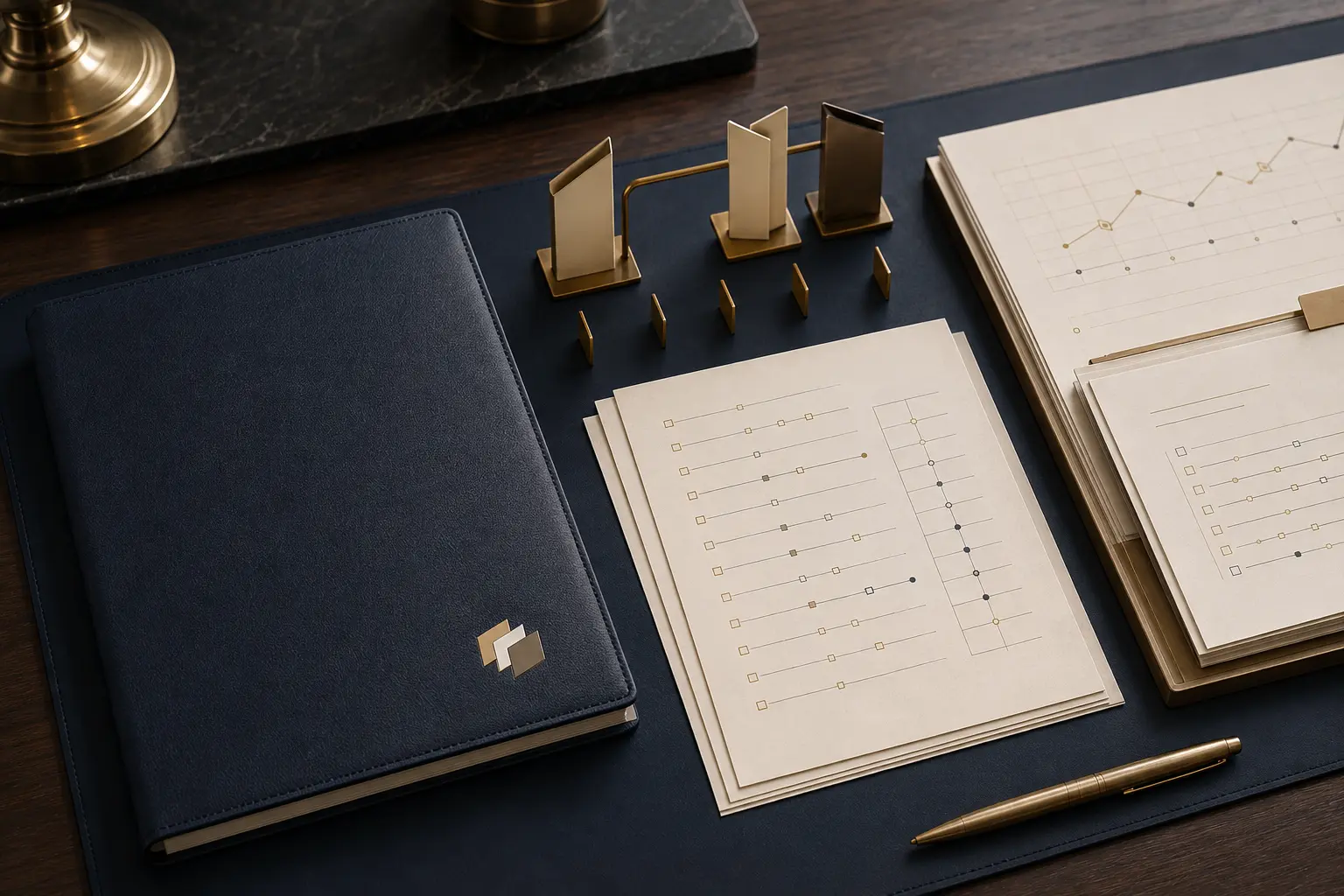 An organised reporting workspace with a Trustlic folio, structured papers and connected brass details