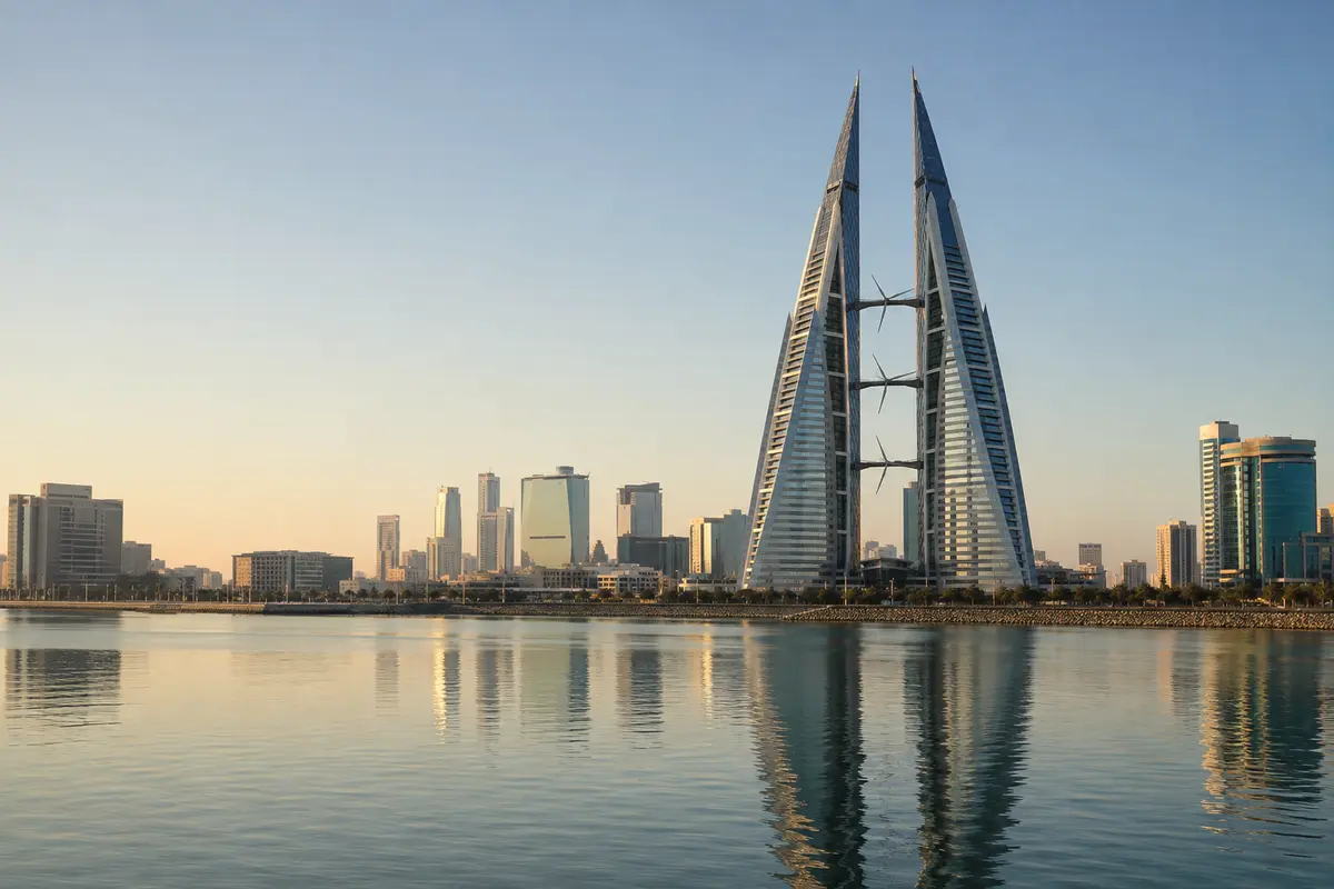 Bahrain Bay and Manama's business skyline in warm morning light