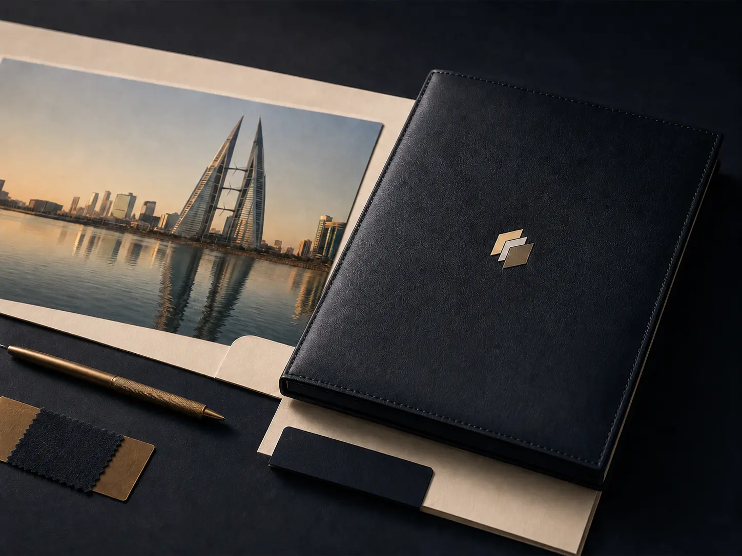 Trustlic stationery with a Bahrain skyline study and a branded navy folio