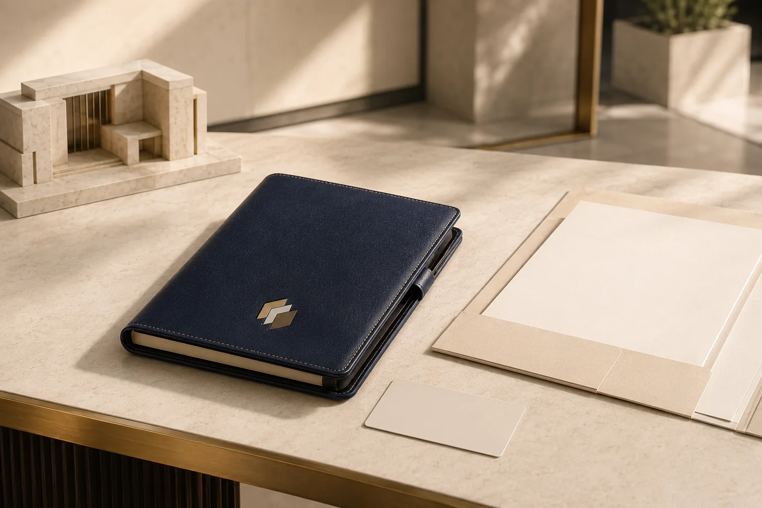 Navy Trustlic folio beside business-incubation onboarding materials in a modern workspace