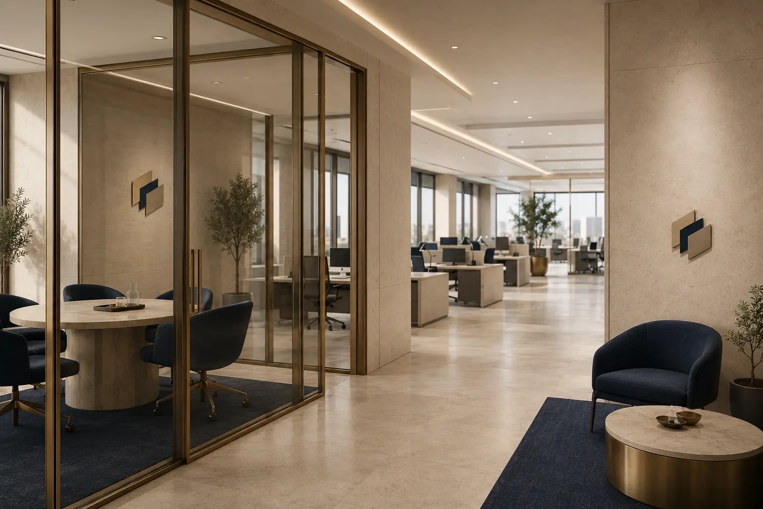 Refined business centre connecting a private incubation room with an established operating workspace