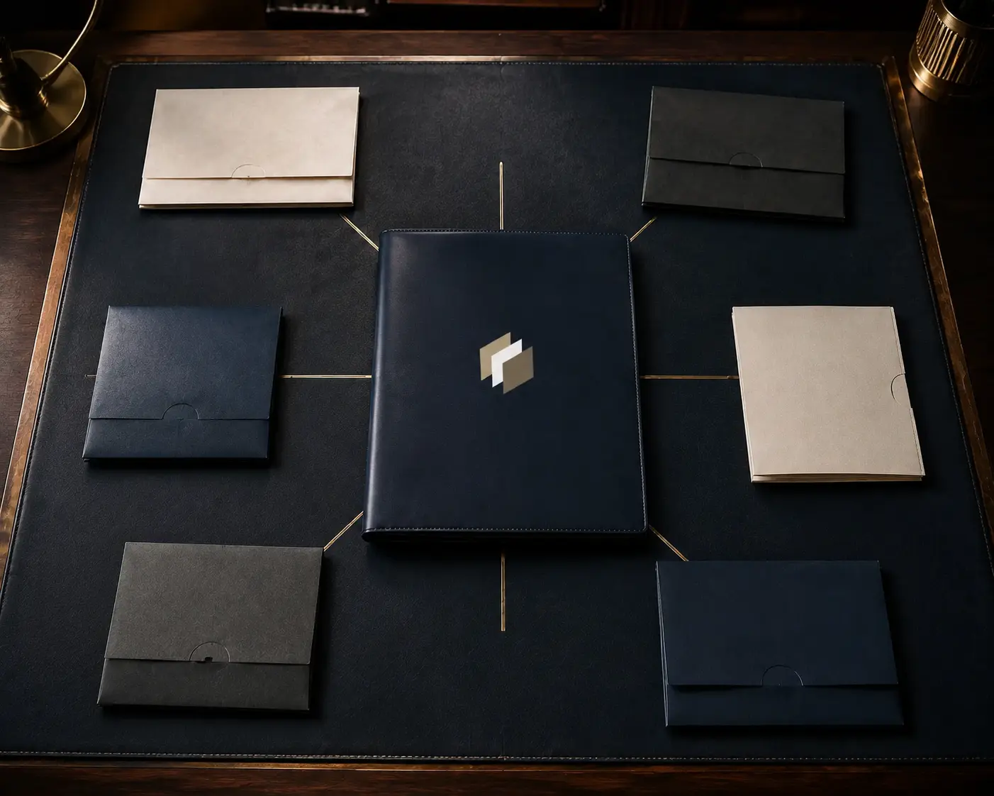 A central Trustlic folio connected by brass lines to six specialist dossiers