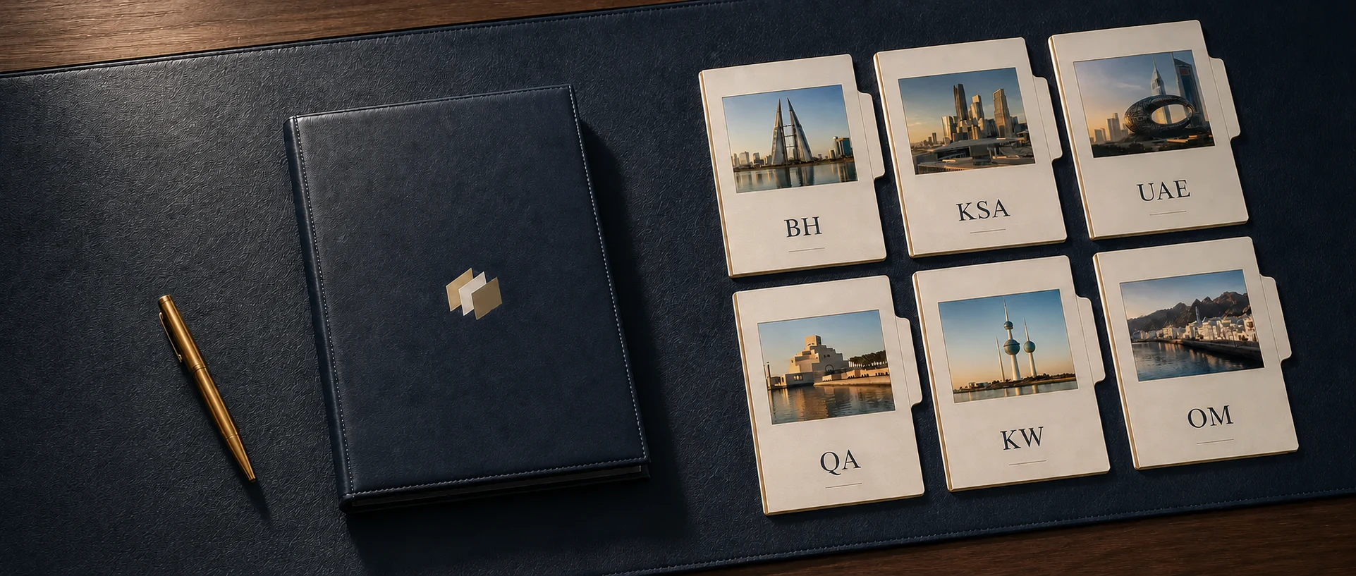 A Trustlic folio beside six labelled jurisdiction dossiers featuring Bahrain, Saudi Arabia, the United Arab Emirates, Qatar, Kuwait and Oman