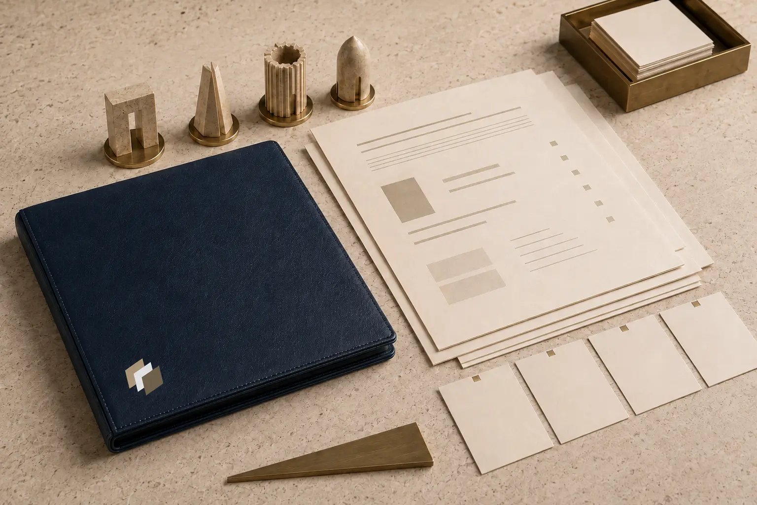 A confidential executive decision workspace with organised proposal papers and a Trustlic folio