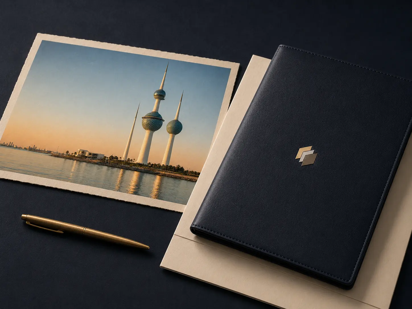 Trustlic stationery with a Kuwait Towers study and a branded navy folio