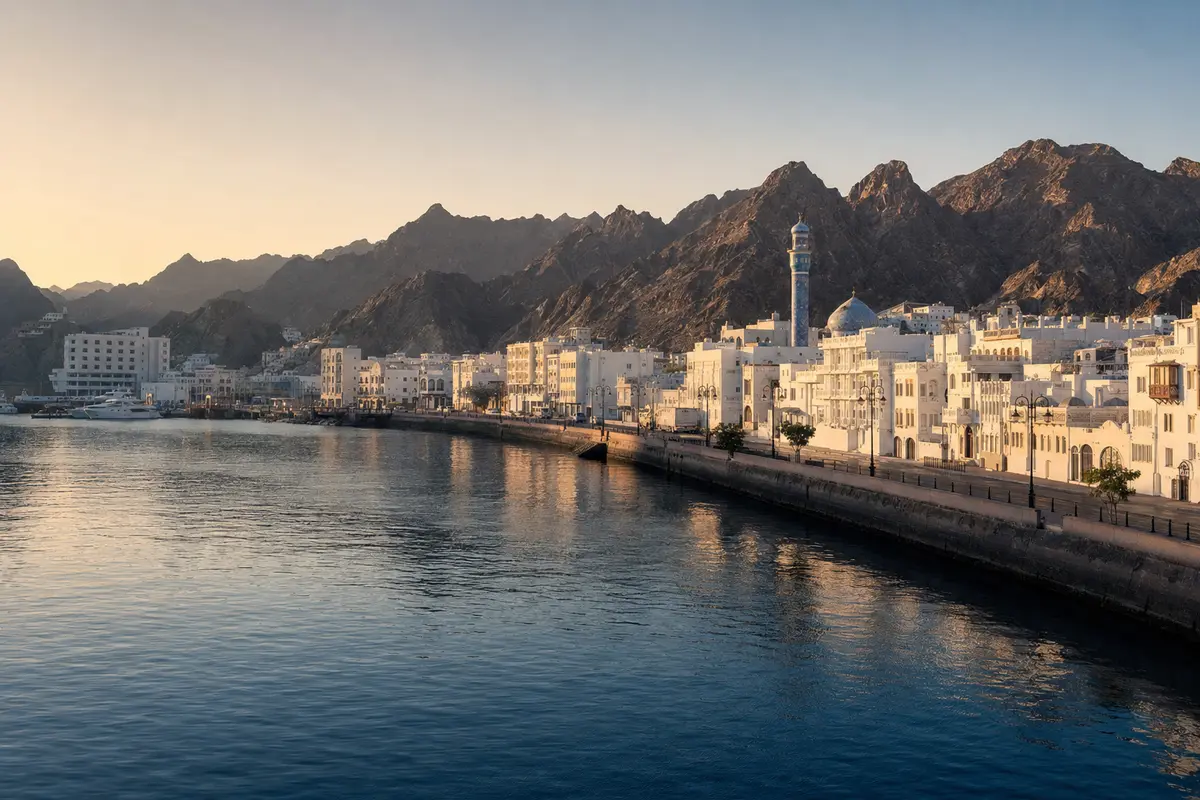 Muscat's coastal architecture and mountain landscape in warm light
