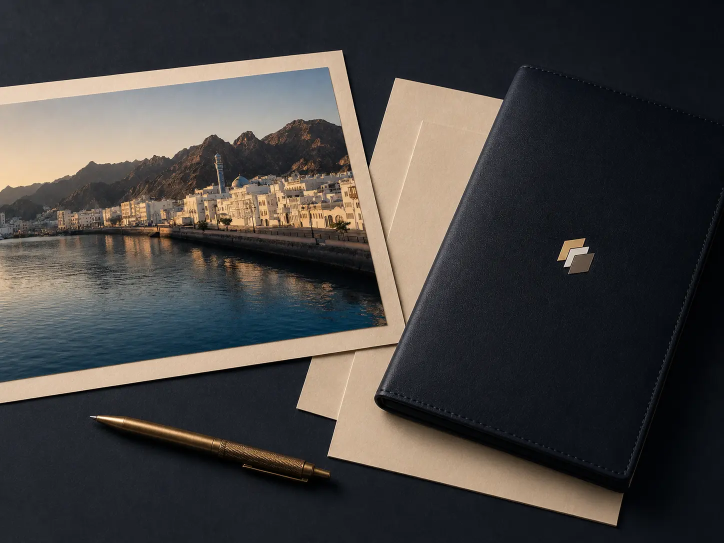 Trustlic stationery with a Muscat waterfront study and a branded navy folio