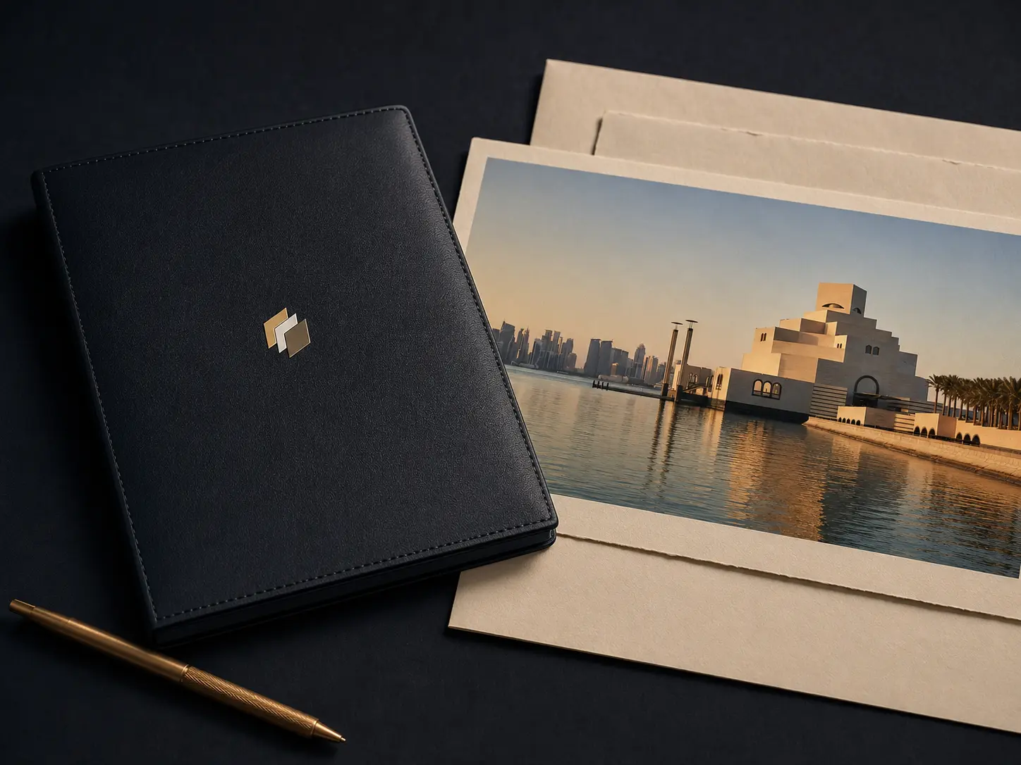 Trustlic stationery with a Qatar waterfront study and a branded navy folio