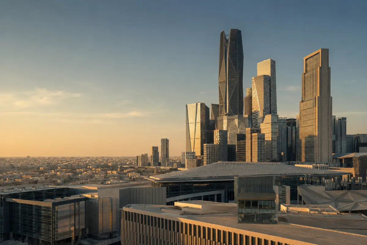 Riyadh's contemporary business skyline in warm morning light
