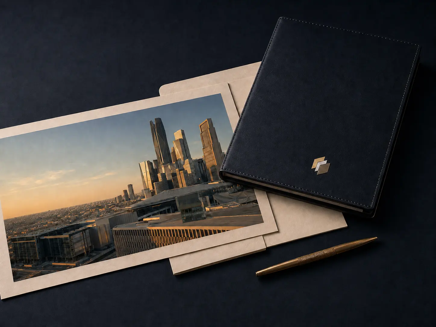 Trustlic stationery with a Saudi business-district study and a branded navy folio