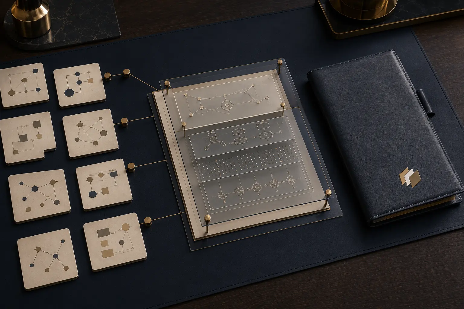 A structured business-system blueprint formed from connected process cards beside a Trustlic folio