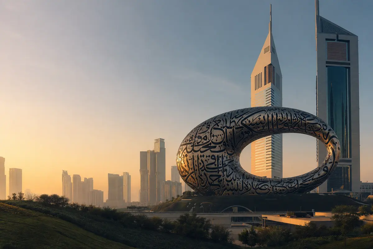 A contemporary United Arab Emirates business district at dawn