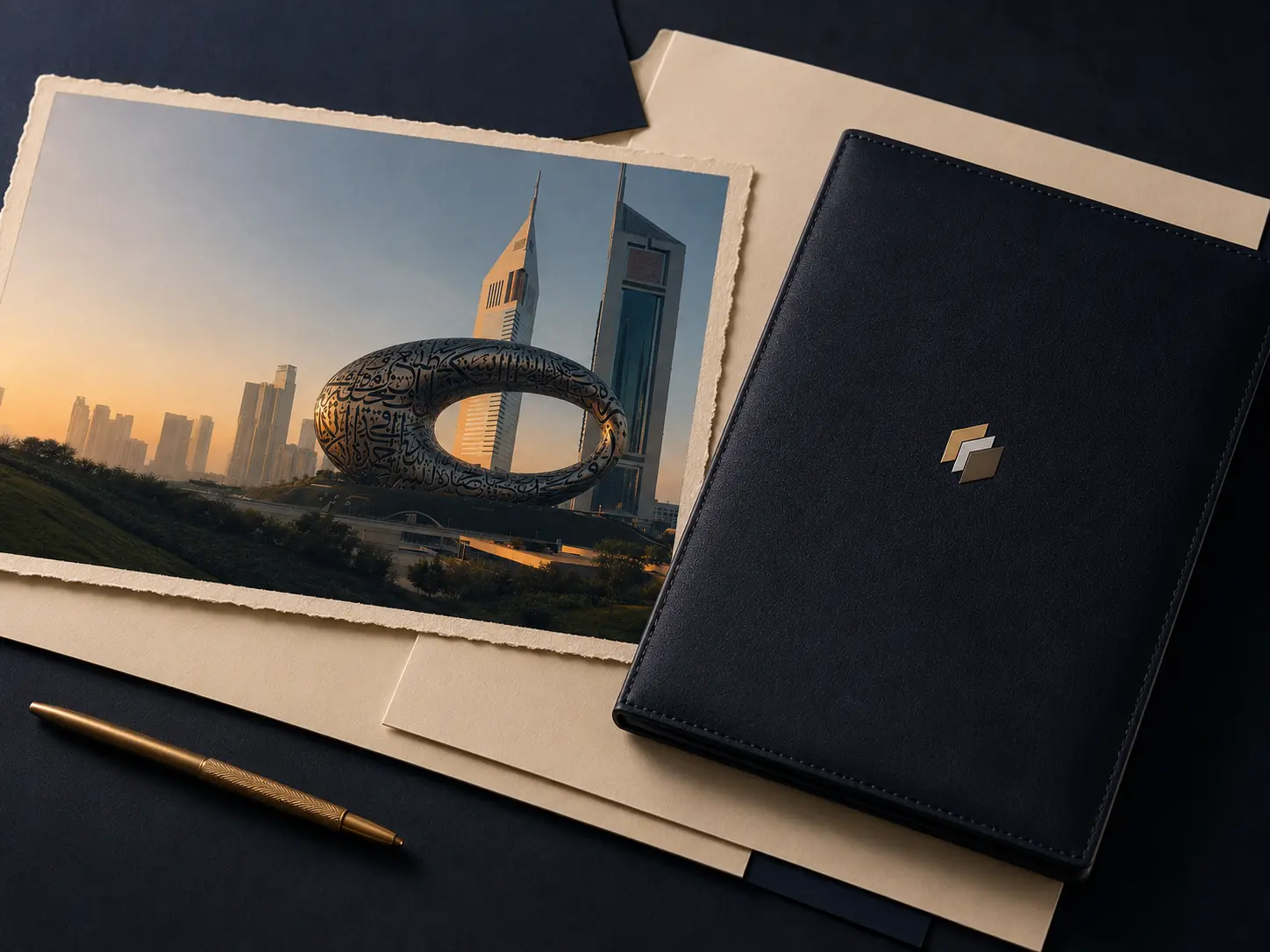 Trustlic stationery with a United Arab Emirates landmark study and a branded navy folio
